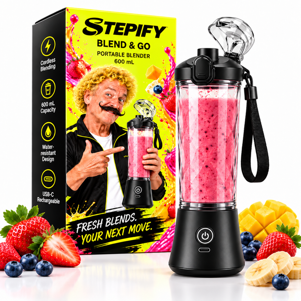 STEPIFY Blend & Go black blender with original power button, branded box and fruit