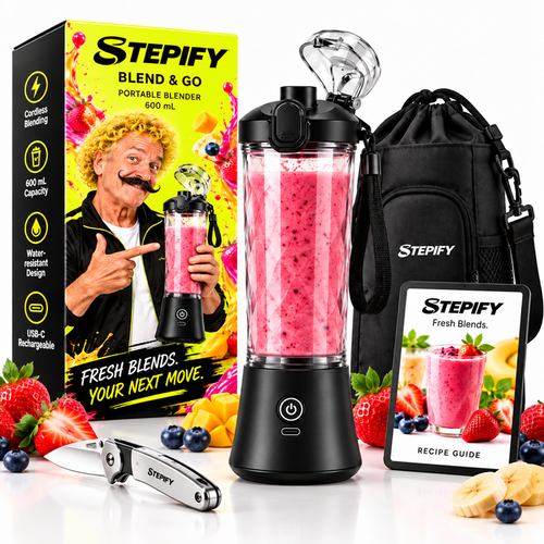 STEPIFY Blend & Go kit with branded box, black blender, carry bag, fruit knife and digital recipe guide