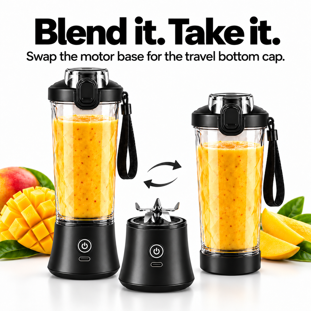 STEPIFY blender in blend mode and travel cup mode with bottom cap
