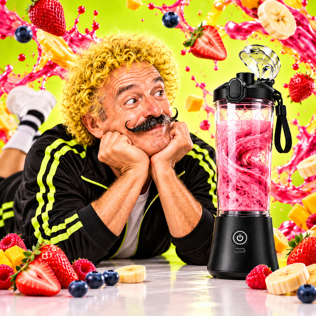 Mike beside STEPIFY black blender with berry smoothie
