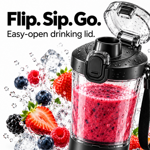 Close-up of STEPIFY flip drinking lid with berry smoothie