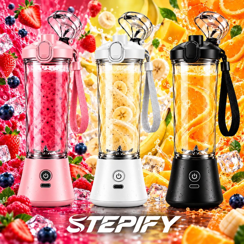 STEPIFY pink, white and black blenders with fruit