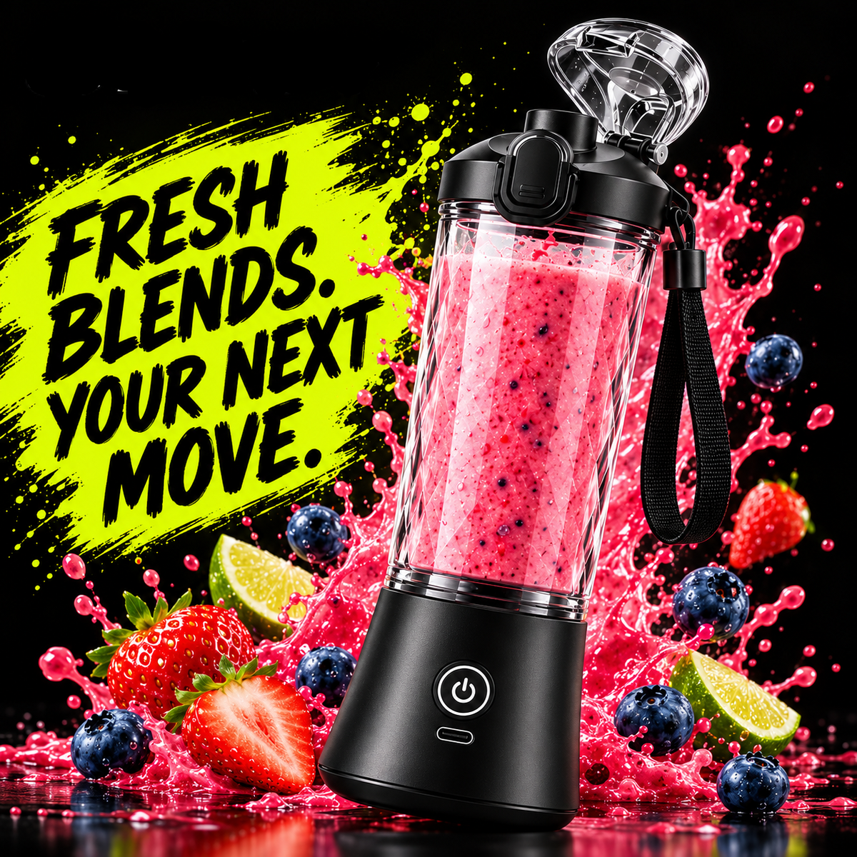 STEPIFY black blender with berry smoothie on black and lime background