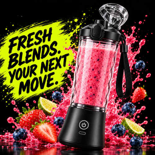 STEPIFY black blender with berry smoothie on black and lime background