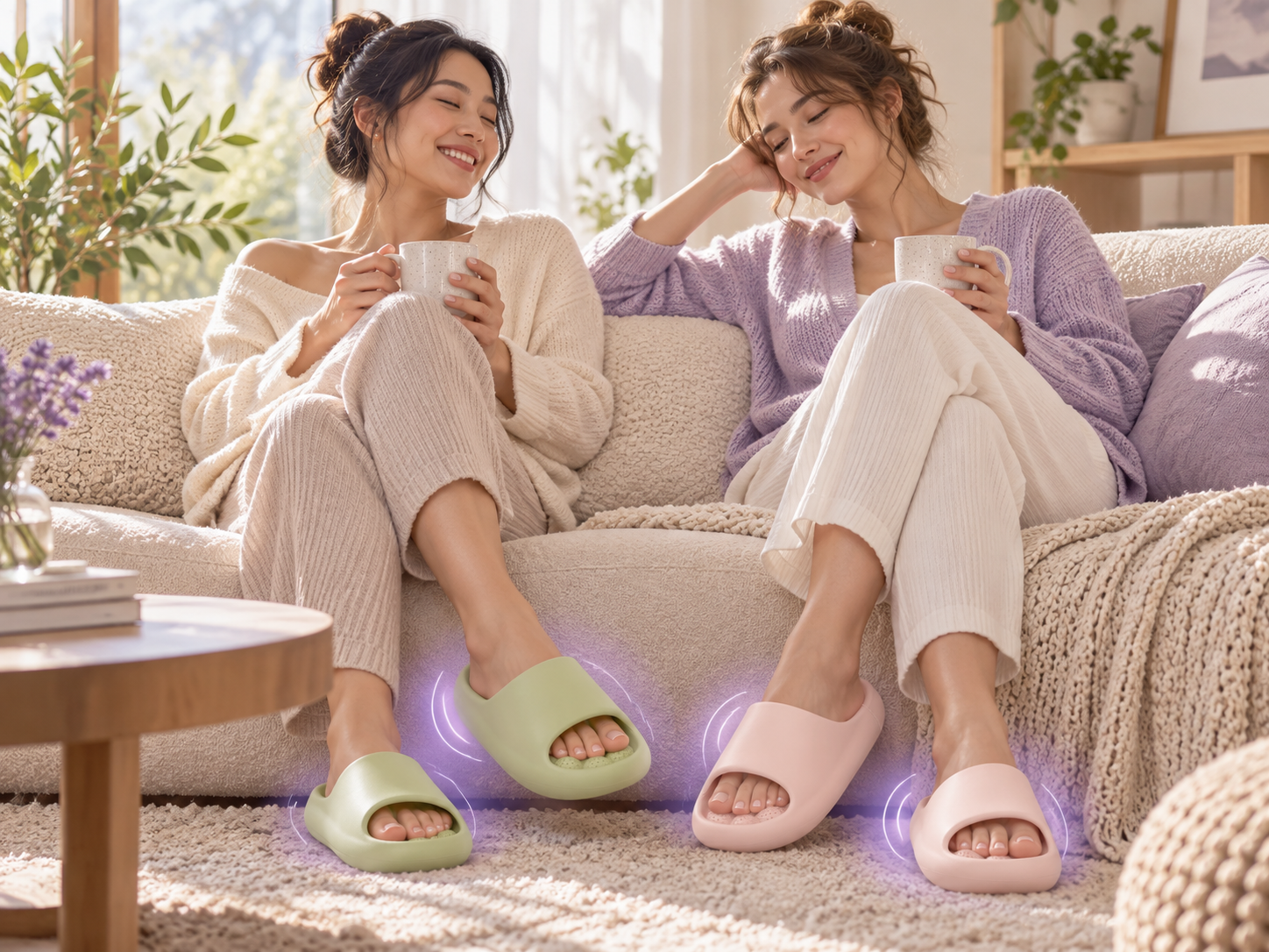 Two women relaxing at home wearing STEPIFY massage comfort slides